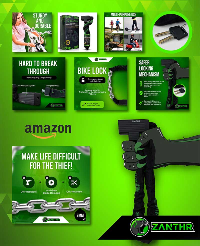 Amazon product images design for bike lock showing strength, key security, durability, and locking mechanism through clear visuals