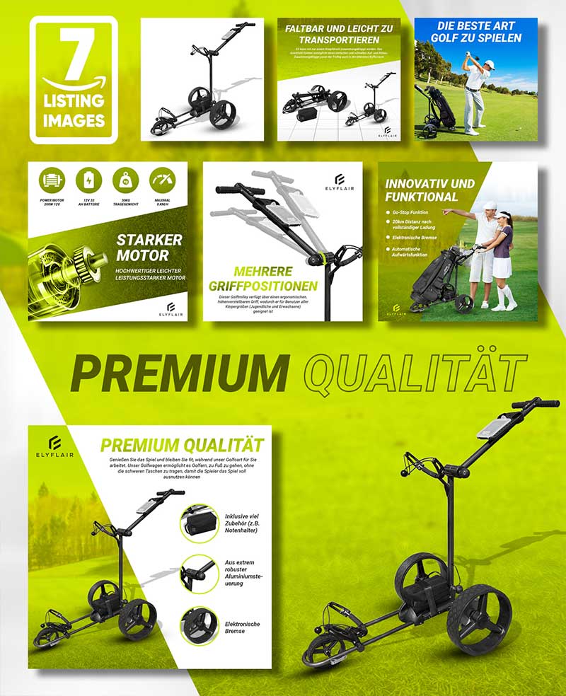 Amazon listing product graphic design for electric golf trolley featuring motorized functions, foldability, and convenience-focused product visuals