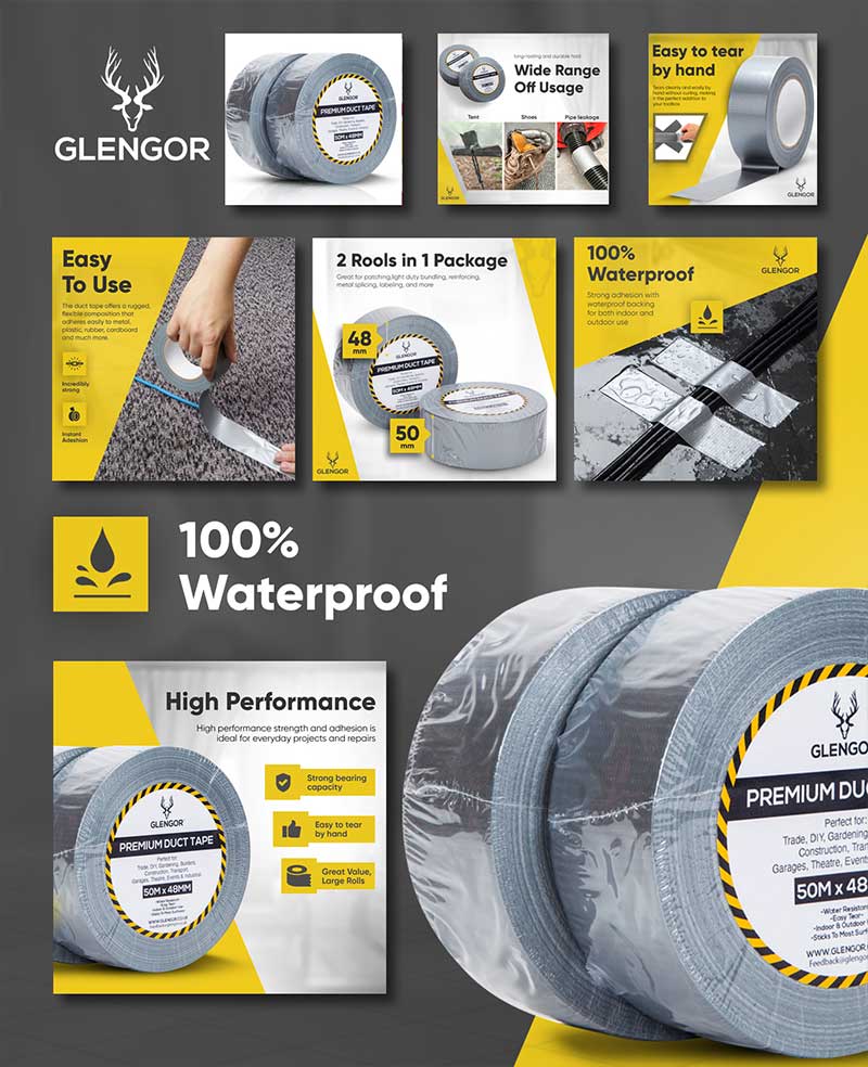 Amazon product listing design for premium duct adhesive tape showing strength, durability, and practical use through clear visuals